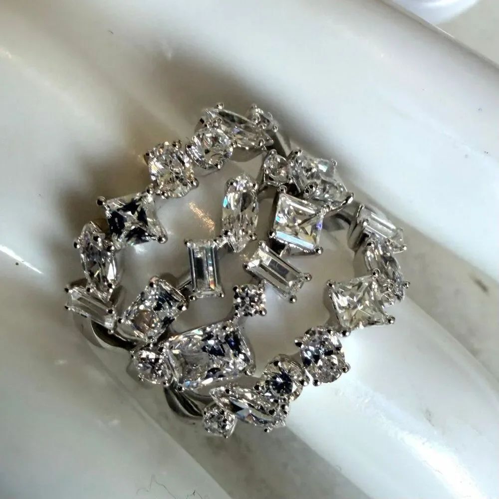 Nadri Triple Row Mixed Cut CZ Statement Ring Silver Tone Wide Band Ring